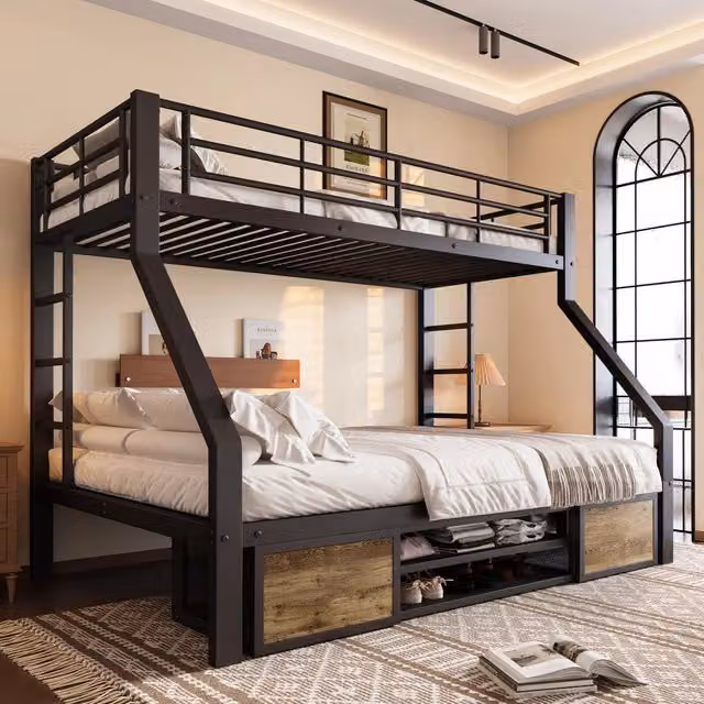 Letto a castello 90x200 cm e 140x200 cm con scarpiera e vani portaoggetti in metallo nero