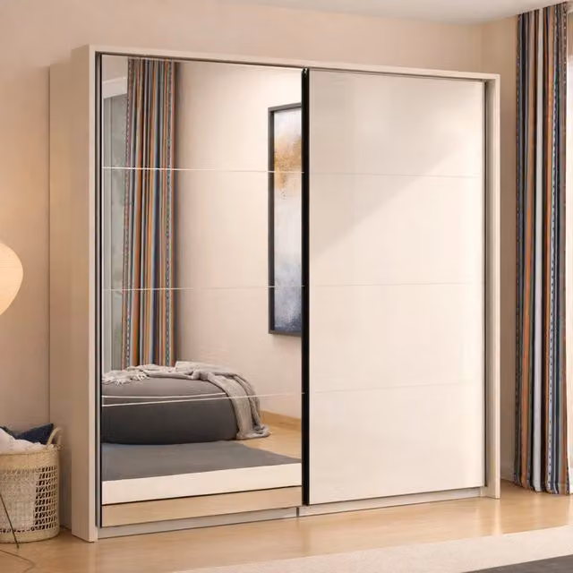 Armadio da camera da letto DMORA con ante scorrevoli, bianco e beige, L: 220 cm, H: 218 cm, P: 62 cm