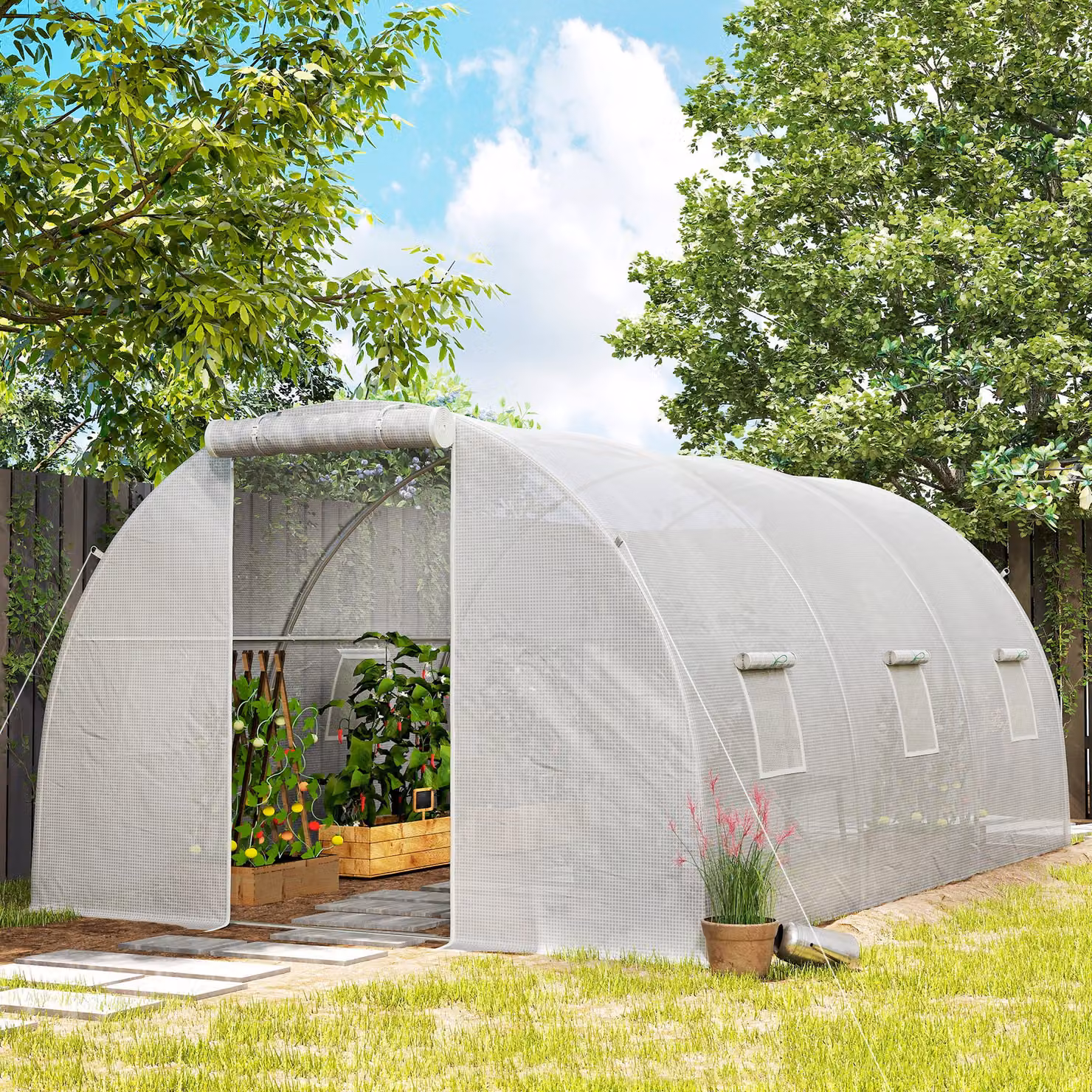 Serra da giardino a tunnel Outsunny con 6 finestre e porta avvolgibile, telaio in acciaio zincato e telo PE bianco, L/P/H: 4,5 x 3 x 2 m – 2
