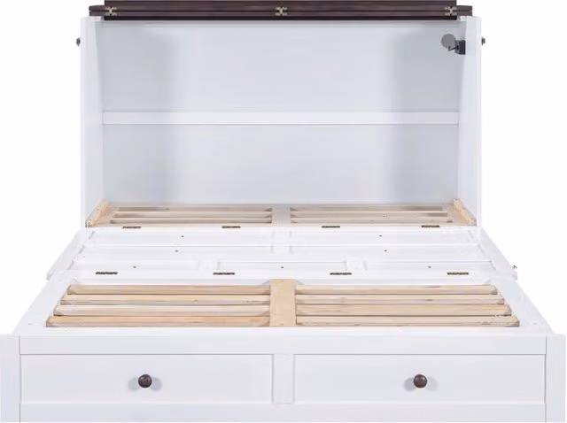 Letto a scomparsa 140x200 cm con cassetti, mensola, presa USB e spina, struttura in legno bianco senza materasso