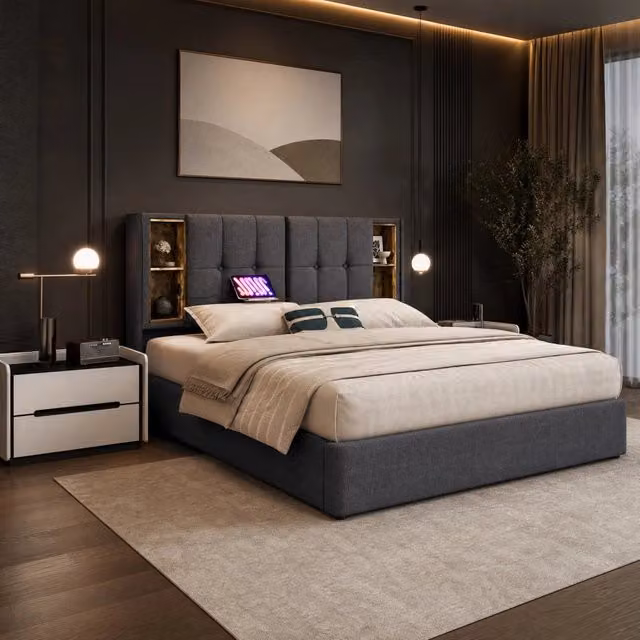 Letto matrimoniale imbottito MODFU grigio con vano contenitore a sollevamento, porta USB e mensola integrata, L/P: 140 x 200 cm – 1