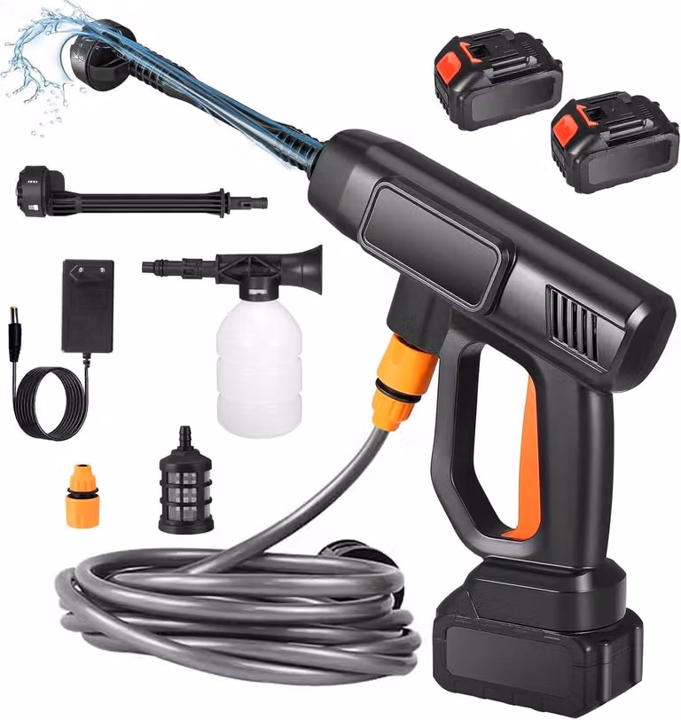Trapano avvitatore a batteria, idropulitrice, ugello 6-in-1, tubo da 5 metri, 2 batterie da 4000 mAh