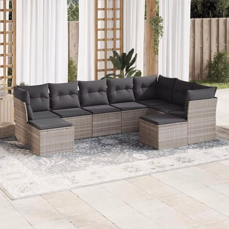 Set Divano da Giardino vidaXL 9pz in Polyrattan Grigio con Cuscini Imbottiti e Coperture Rimosse