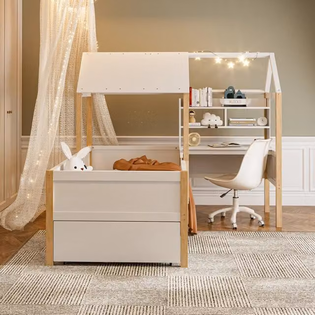 Letto a castello singolo REDOM per bambini bianco con scrivania, libreria e cassetti, L/P/H: 200 x 90 x 205 cm