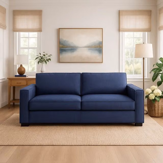 Divano a 2 posti Aglientu Talamo Italia in tessuto blu per soggiorno con braccioli slim L: 160 cm, H: 90 cm, P: 95 cm