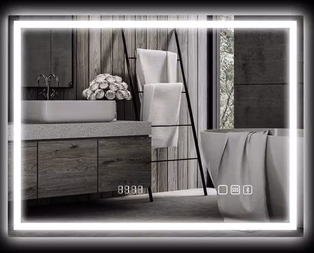 Specchio da bagno LED 80x60 cm con Bluetooth, orologio digitale, 3 tonalità di luce, anti-appannamento, interruttore touch, cornice argento