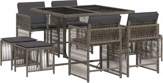 Set da Pranzo da Giardino 9 pz in Polyrattan Grigio con Tavolo in Vetro e Sedie in Metallo – 1