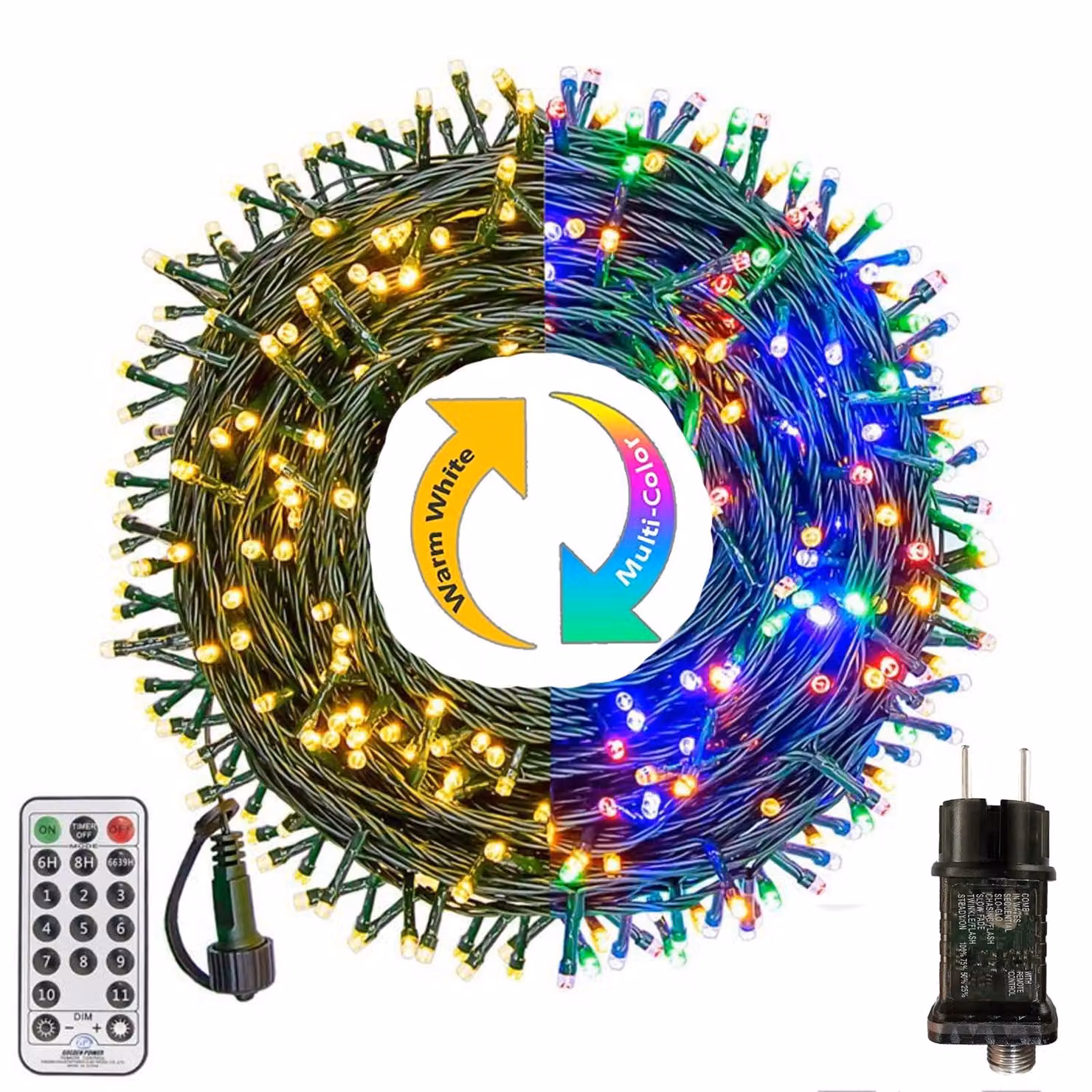 Catena luminosa da 10 metri, con 100 LED, luce bianco caldo/colorata, con telecomando, 11 modalità