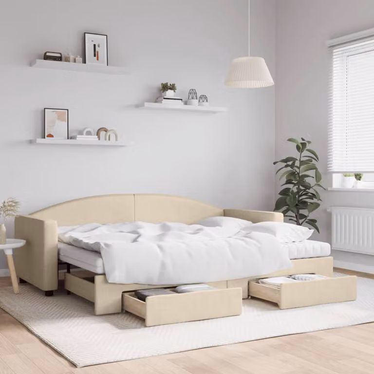 vidaXL Divano Letto Estraibile con Cassetti in Tessuto Beige L: 200 cm, P: 80 cm, H: 75 cm