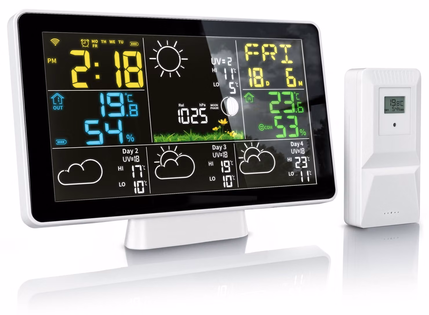Stazione meteorologica wireless Brandson con sensore esterno, display a colori da 7,5 pollici, app Tuya Smart, barometro, igrometro, previsioni del tempo per 4 giorni, sveglia, fasi lunari, colore nero e bianco