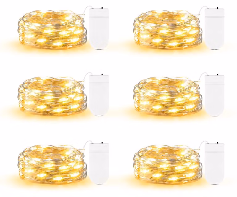 Set di 6 micro-catene luminose, lunghezza 2 metri, 20 LED, luce bianco caldo, impermeabili