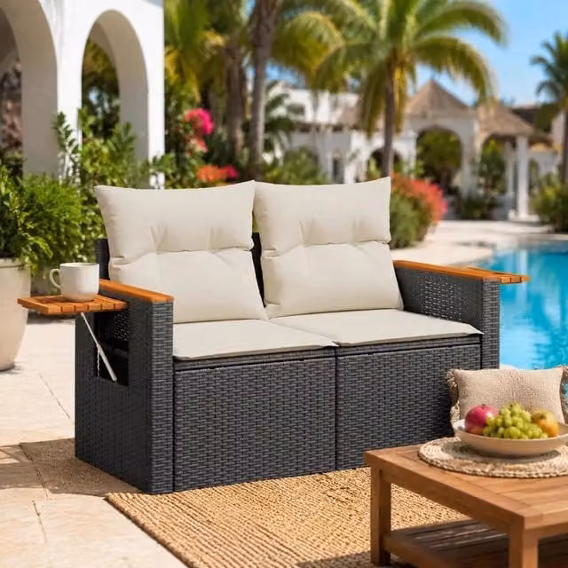 Garden Sofa With Cushions 2-seater Black Poly Rattan