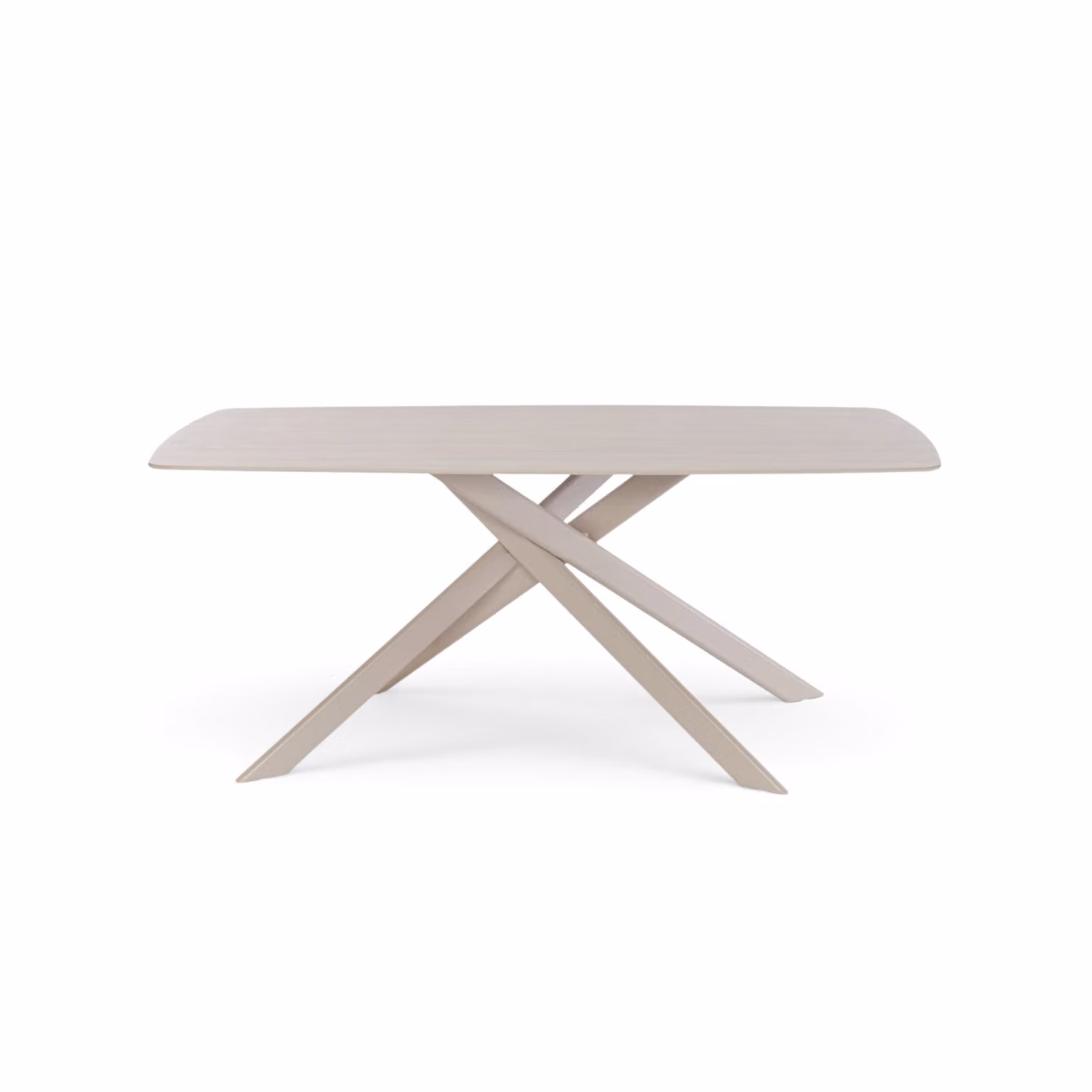 Tavolo SAINT FLORENT con piano in ceramica effetto travertino e gambe incrociate in metallo verniciato beige, 180x90x76 cm