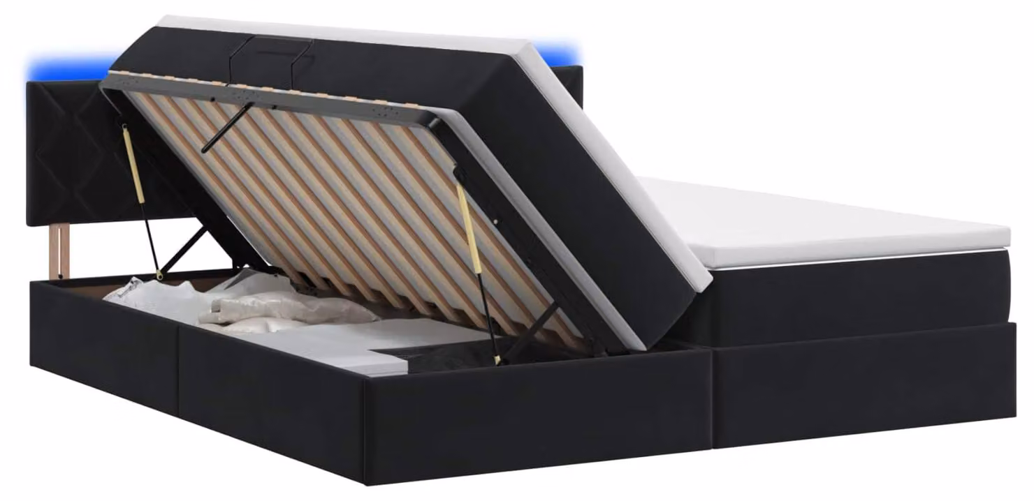 Letto contenitore con tecnologia LED e materasso, colore nero, dimensioni 180 x 200 cm, rivestito in velluto