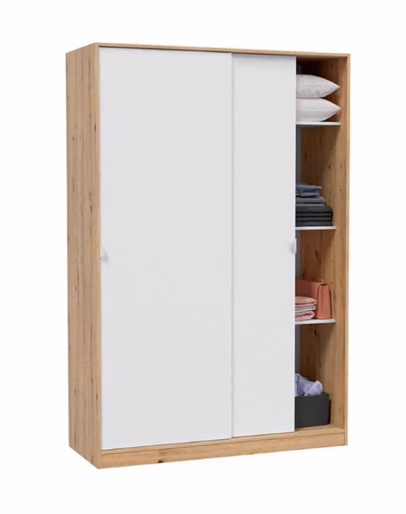 Armadio Adrenalin DMORA per camera da letto con 2 ante scorrevoli, ripiani interni e barra appendiabiti, Bianco e Rovere Nodi, L: 120 cm, P: 50 cm, H: 200 cm – 2