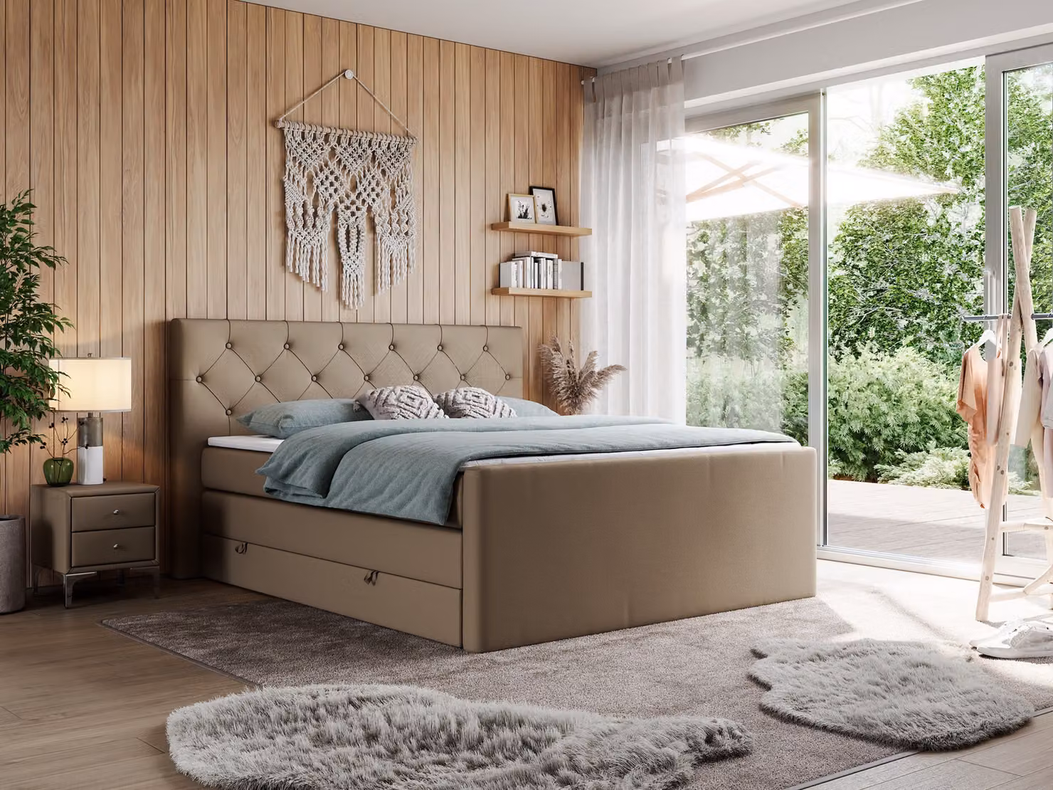 Letto matrimoniale con materasso Multipocket e coprimaterasso, letto boxspring con cassetti - KING VELEN - 200x200 cm - Marrone - H4