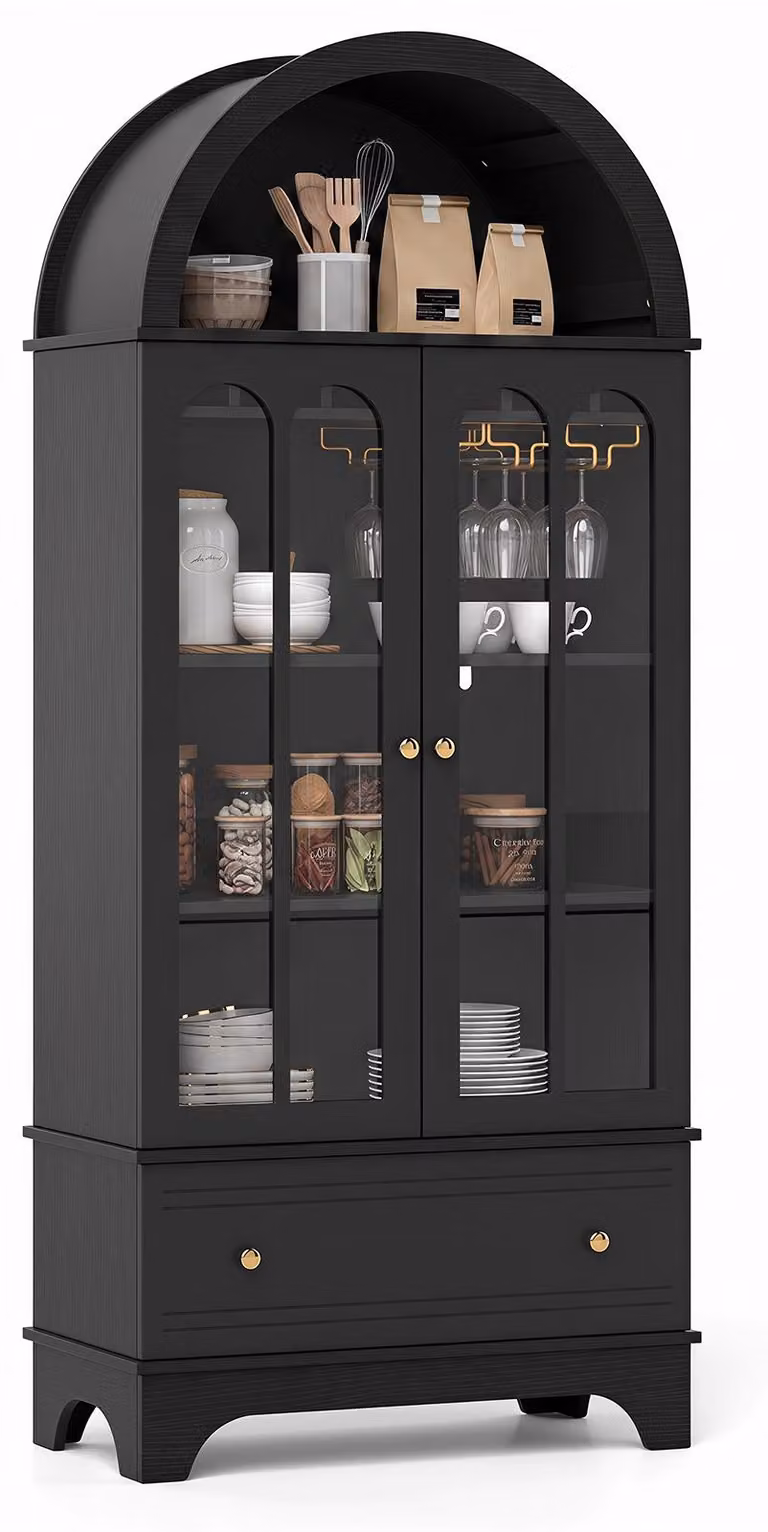 Mobiletto da cucina a 5 ripiani, ideale per soggiorno, cucina o dispensa, con ante in vetro. Include un vano per 6 bottiglie di vino e un supporto per 9 bicchieri da vino