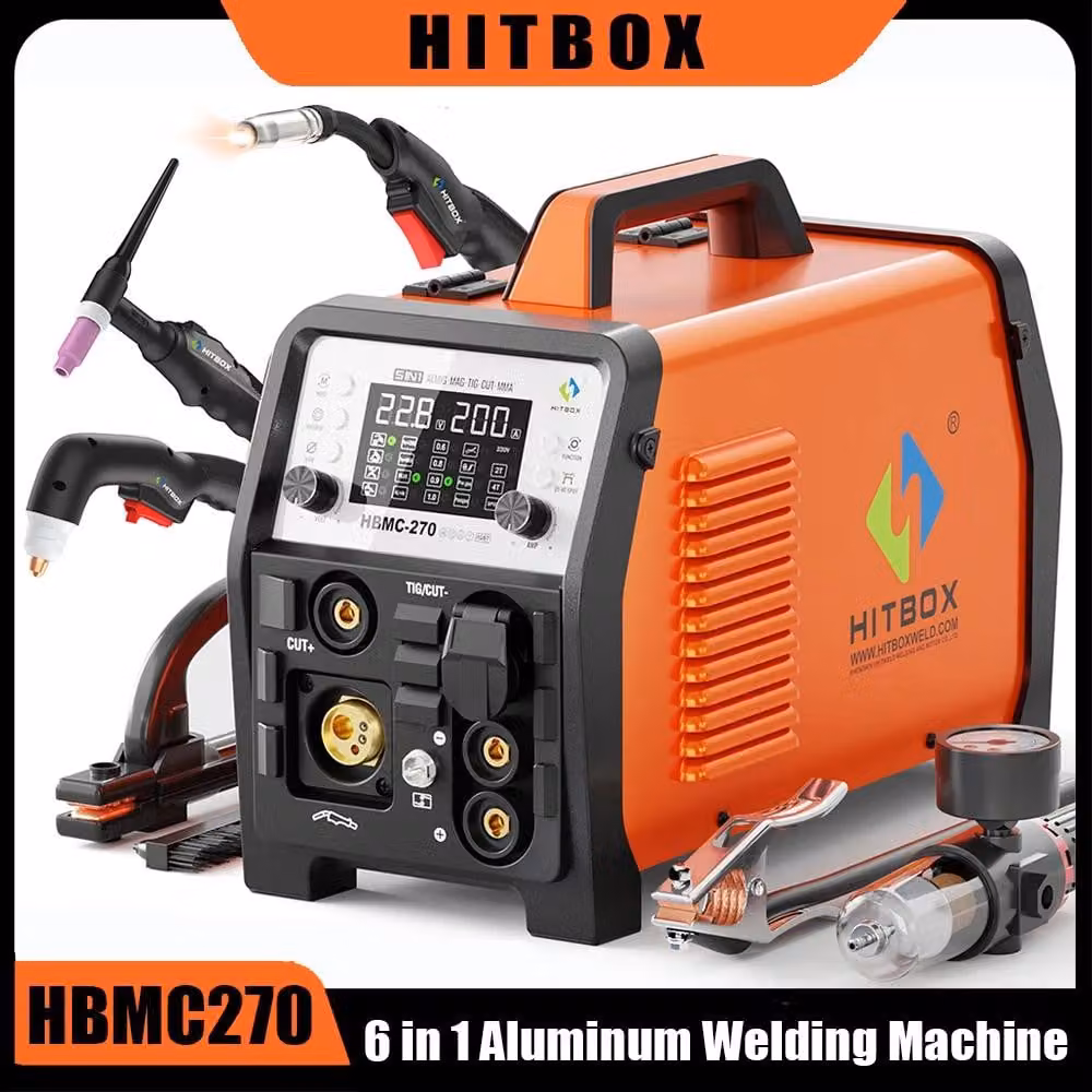 Saldatrice multifunzione - Modello HBMC270 - 6 in 1: MIG/MAG, TIG, MMA, taglio - Controllo sinergico - Inverter da 160A - 220–240V, spina EU