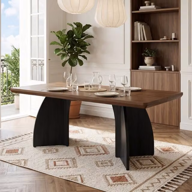 Tavolo da pranzo per 4–6 persone con piano spesso 4 cm stile moderno in MDF noce e gambe nere per soggiorno 160 × 80 cm