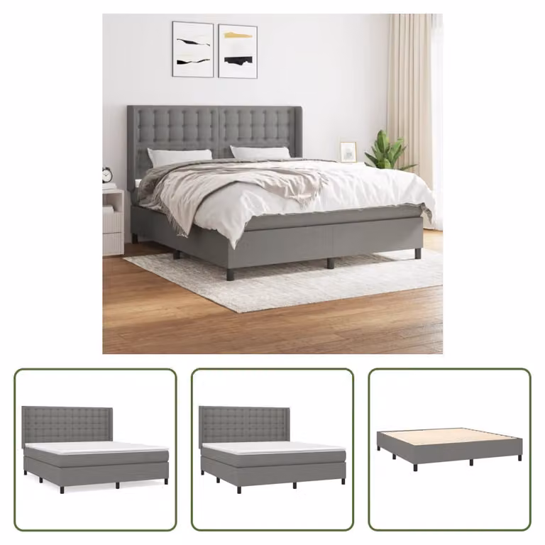 The Living Store Letto a molle con materasso grigio scuro 160x200 cm in tessuto