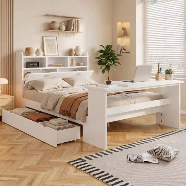 Letto Mivray moderno con cassetti e testiera portaoggetti con tavolo pieghevole regolabile, colore bianco, L/P/H: 200 x 140 x 147,5 cm