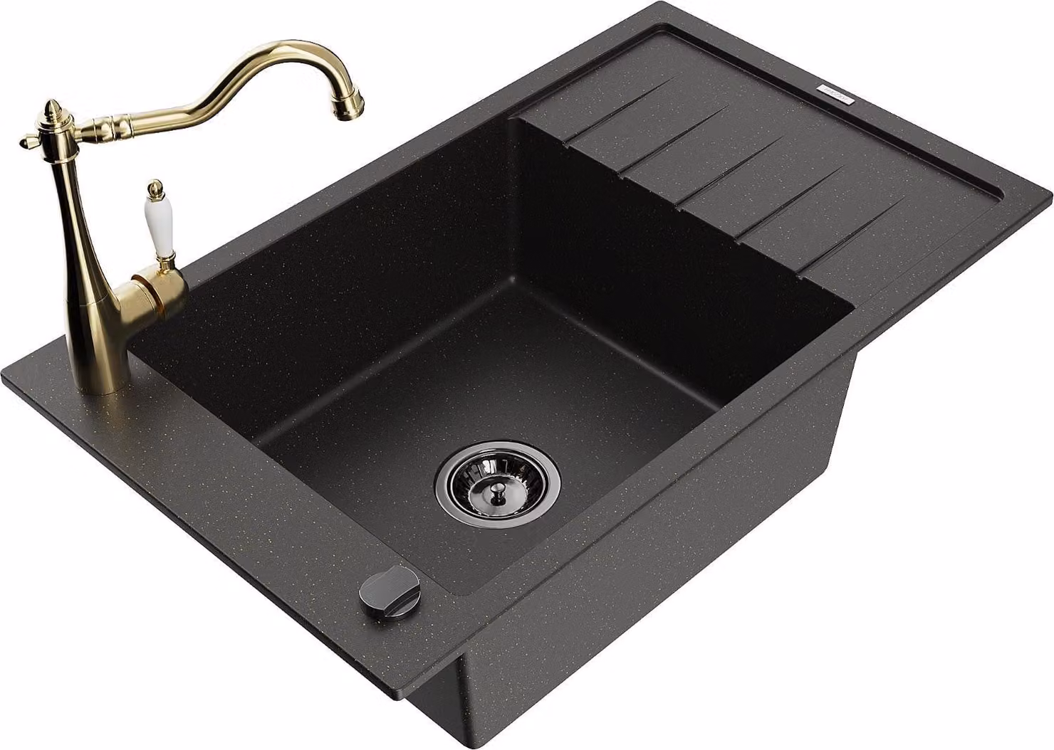 Mexen Elias lavello in granito a 1 vasca con scolapiatti e miscelatore da cucina Carla, nero/oro metallizzato