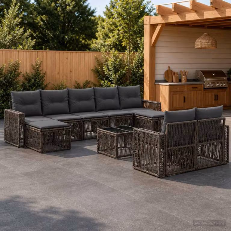Set Divano da Giardino vidaXL 10 Pezzi a Forma di U in Polyrattan Grigio e Antracite con Cuscini e Tavolino