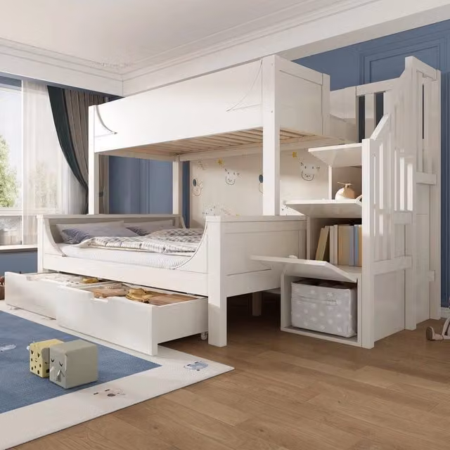 Letto a Castello con Schrank e Cassetti ¨C MINIMAL ¨C Legno Bianco 90x200 / 140x200