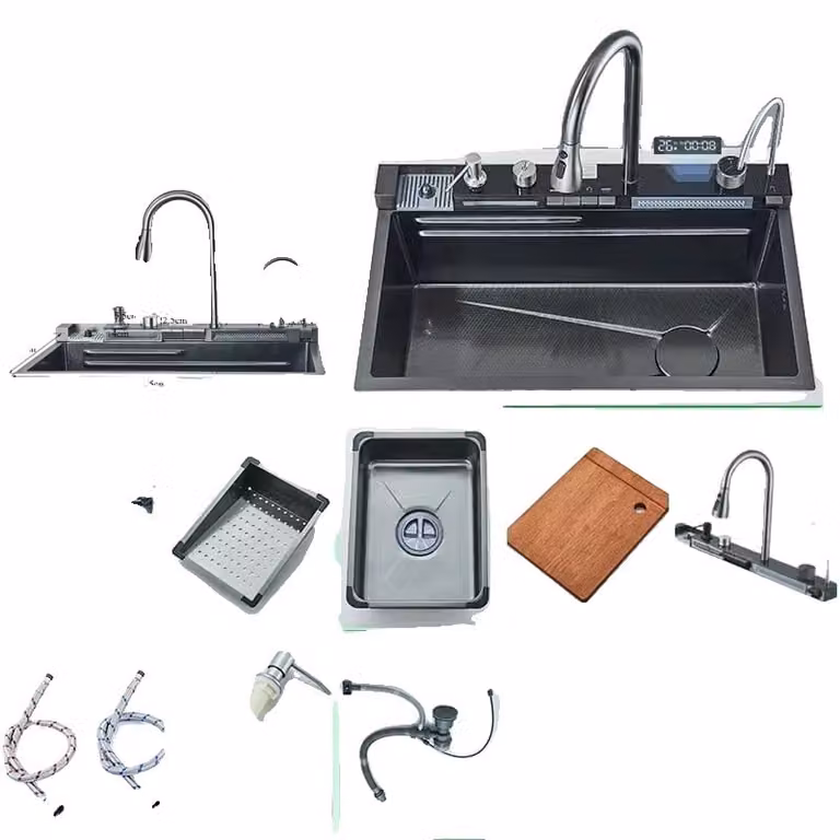 304 Lavello da cucina in acciaio inox, grandi dimensioni, rubinetto con display digitale, 75X46 Set A