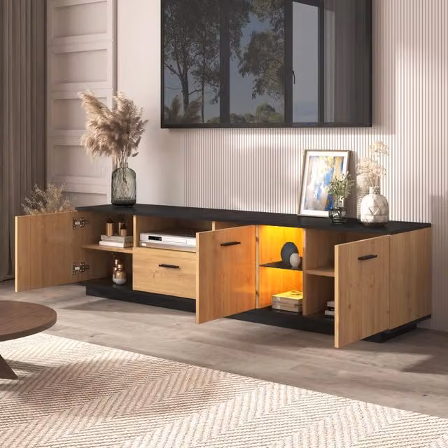 Mobile TV con 3 ante, cassetto e 2 vani in vetro, LED 16 colori, per soggiorno, MDF nero e legno, 180 × 37 × 45 cm