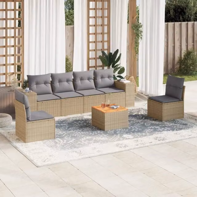 vidaXL Set Divani da Giardino 7 pz in Polyrattan con Cuscini Beige e Tavolino da Esterno