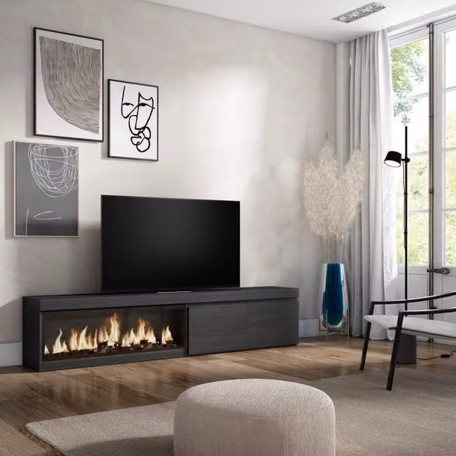 Mobile TV Soggiorno, 208x35x45cm, Per TV fino a 80", Camino elettrico XXL, Nero RF3255