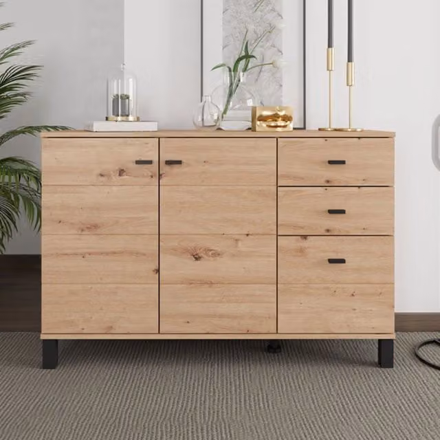 Madia Guatav DMORA con 3 cassetti in rovere marrone e nero per soggiorno o cucina L: 116 cm, P: 35 cm, H: 78 cm – 1