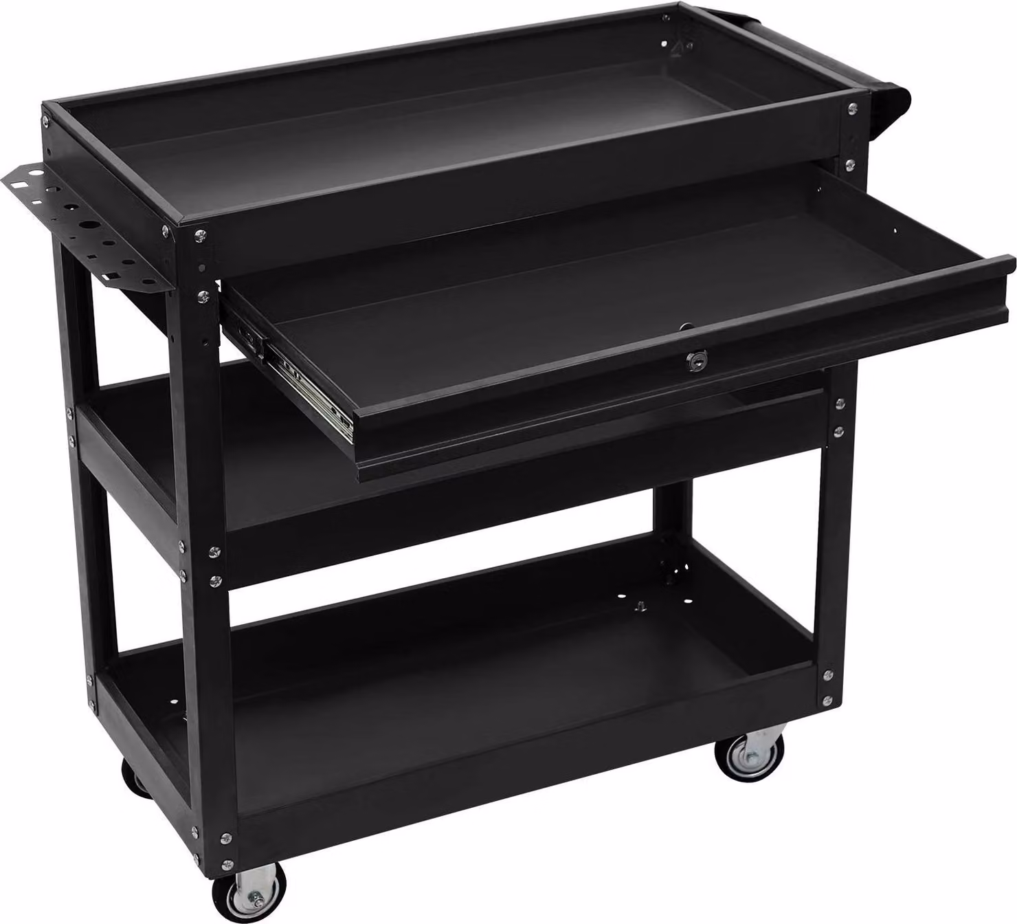 Carrello da officina - Carrello a 3 ripiani - Portata 150 kg - Acciaio per carichi pesanti - Cassetto con serratura - 4 ruote piroettanti - Per garage e officina - Nero