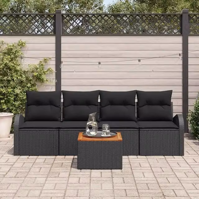 Set Divano da Giardino con cuscino 5 pz-Sofa da Giardino-Divanetto da esterno Nero polyrattan 649503