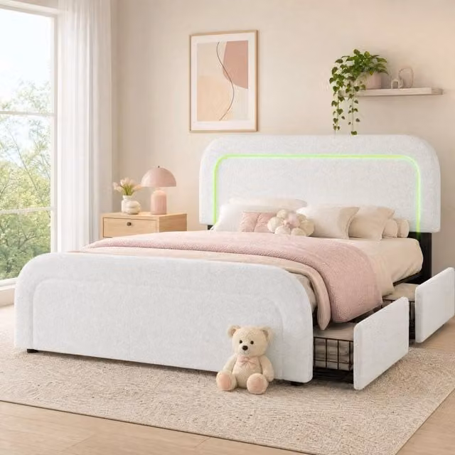 Letto imbottito ULEVR 160x200 cm con 4 cassetti, LED, porte USB e Type-C, testiera regolabile, Sherpa bianco