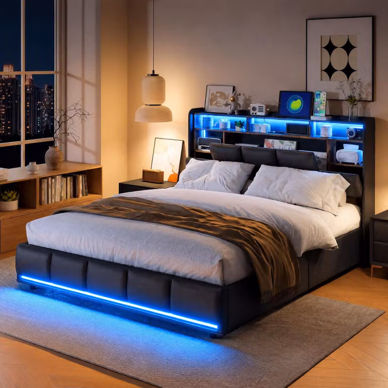 Letto con boxspring INONEFT, 140x200 cm, con spazio contenitore, struttura imbottita, rete a doghe, letto contenitore con LED e USB, colore nero, rivestito in PU