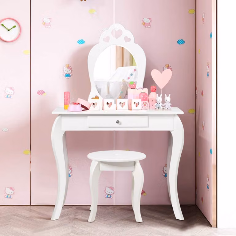 Tavolino per bambini HW65300WH, con sedia, cassetto e specchio estraibile, bianco, 70 x 34 x 105 cm