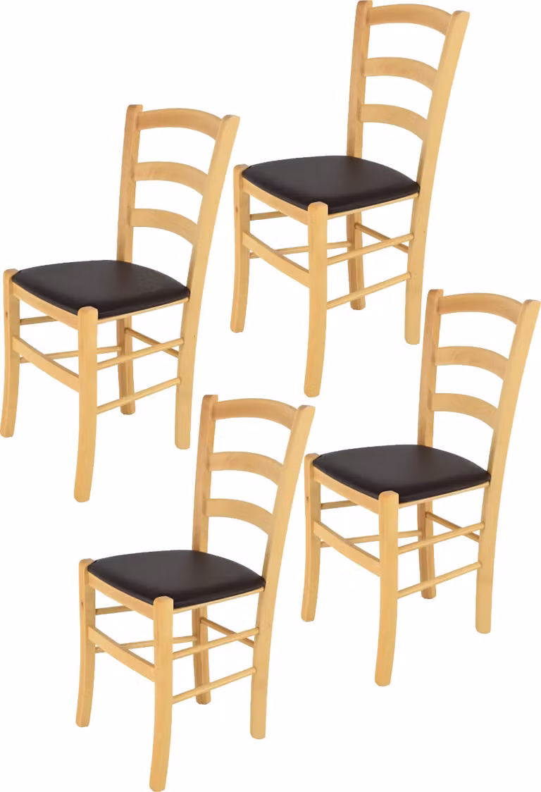 t m c s Tommychairs - Set di 4 sedie VENICE per cucina e sala da pranzo, struttura robusta in legno di faggio laccato in colore naturale e sedile imbottito rivestito in PELLE D'ARTE nel colore moka