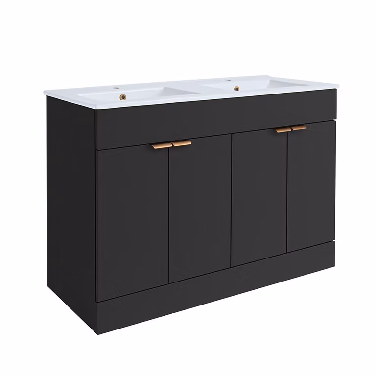 Mobile Bagno a Terra Grigio Nero da 1210mm con Doppio Lavabo e Maniglie con Impugnatura a Dito in Rame Satinato - Cluo
