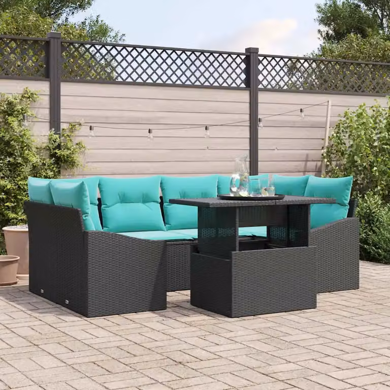 Set Divano da Giardino vidaXL 7 Pezzi in Rattan con Cuscini, Colore Nero e Blu
