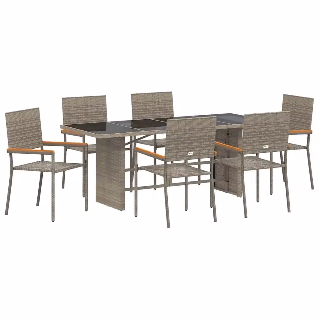 Set da pranzo per giardino e terrazzo vidaXL in polyrattan e legno di acacia da 7 pezzi, colore grigio e marrone con piano in vetro – 2