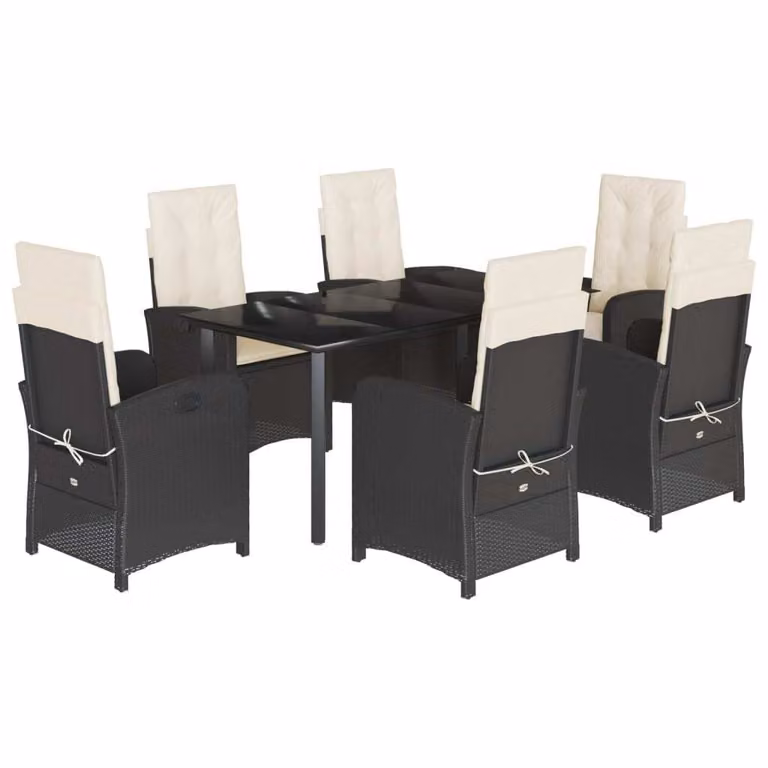 Set da Pranzo da Giardino 7 pz Nero con Cuscini in Polyrattan