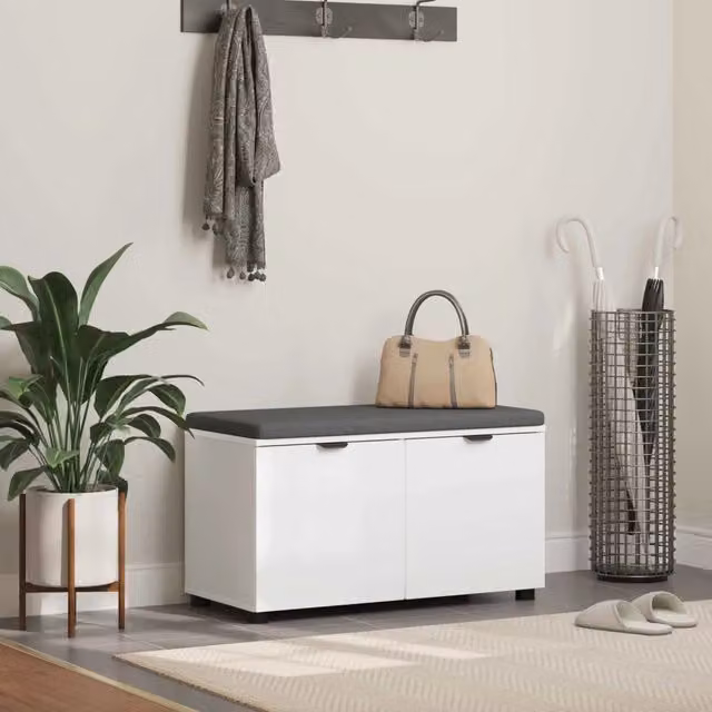 Panca per ingresso con cuscino e porta scarpe vidaXL, colore bianco, L 80 x P 46 x H 46 cm – 1