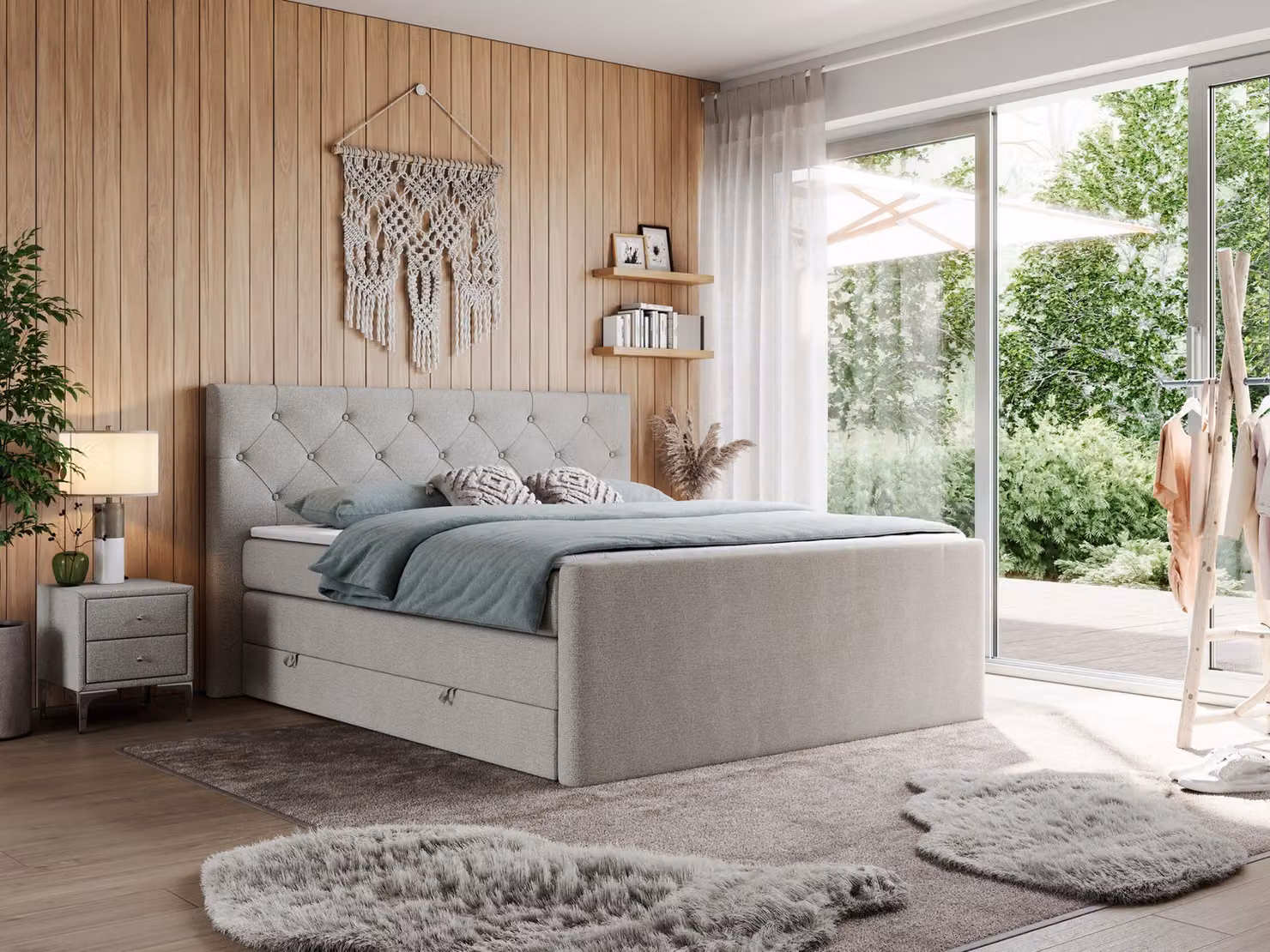 Letto matrimoniale con materasso Multipocket e coprimaterasso, letto boxspring con cassetti - KING VELEN - 160x200 cm - Beige - H3