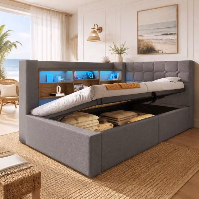 Letto 90x190 cm con LED e USB, contenitore idraulico, rivestimento in lino grigio
