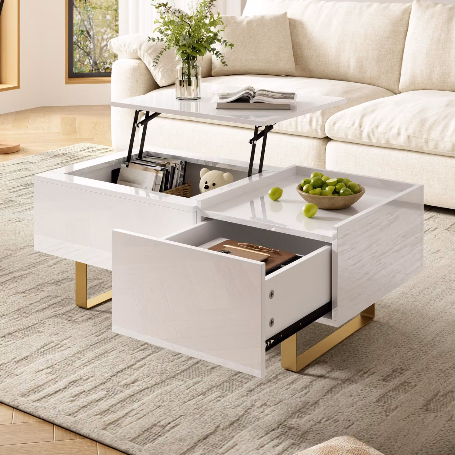 Tavolino da divano regolabile in altezza con finitura lucida, cassetto e gambe in ferro, tavolino da salotto in MDF con finitura lucida, mobile contenitore, tavolino moderno, bianco