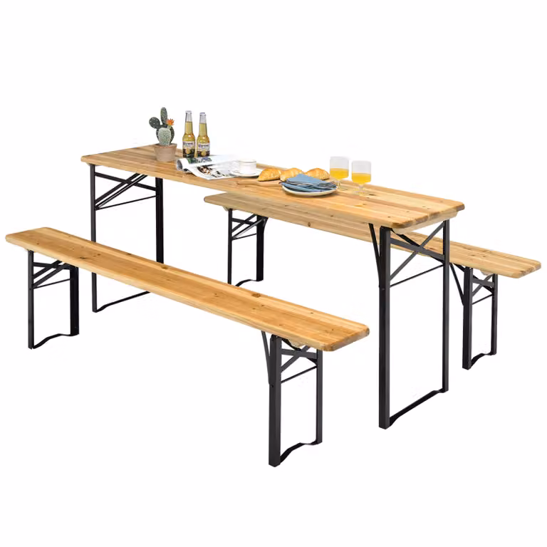 COSTWAY Set di tende da birra a 3 pezzi, tavolo da picnic con 2 panche, set di tavoli da campeggio con struttura in metallo, tensostruttura per patio, giardino 178 x 46 x 76cm