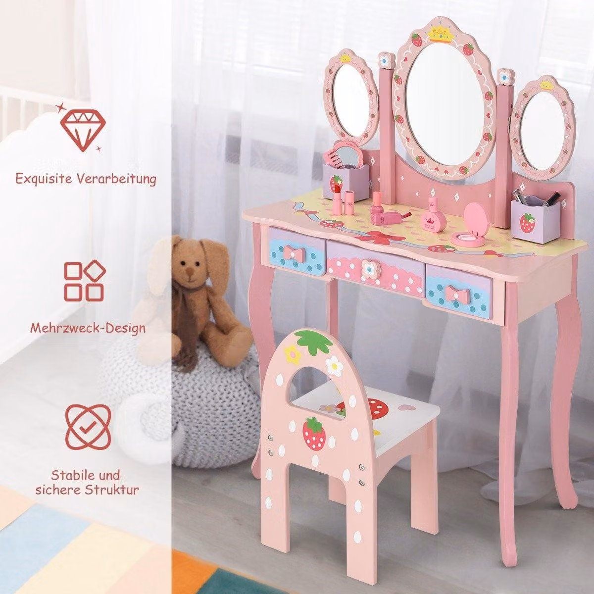 Tavolo da toeletta per bambini, set da parrucchiere per bambini con specchio, 70 x 34 x 105 cm, rosa