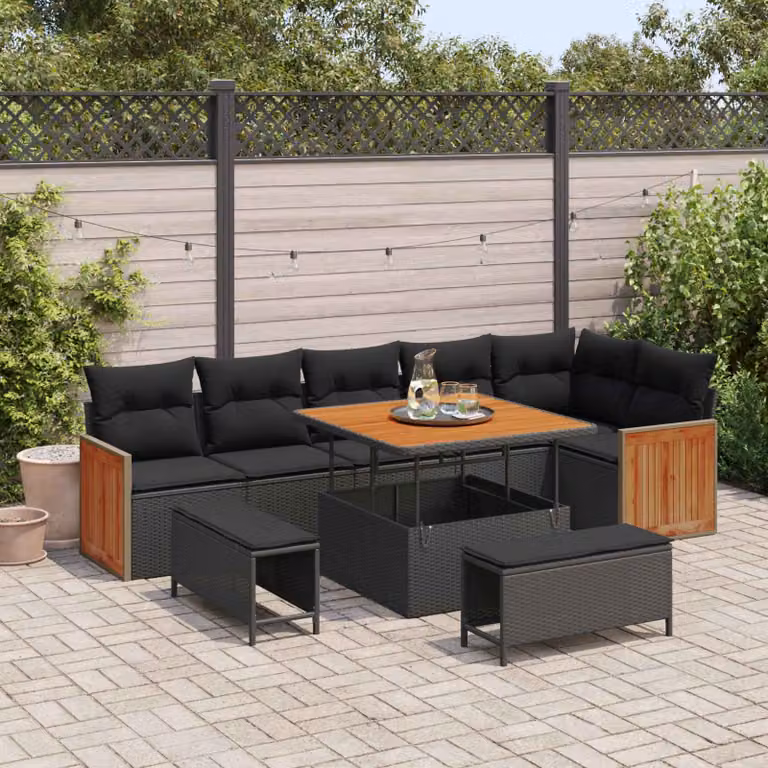 Set Divano da Giardino vidaXL 9 Posti con Cuscini Nero in Metallo e Tessuto Resistente ai Raggi UV